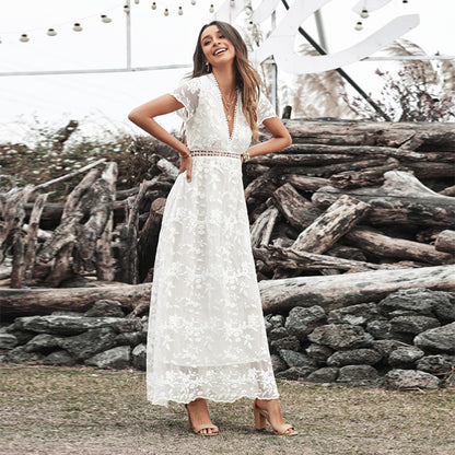 White Lace V-Neck Wedding Dress