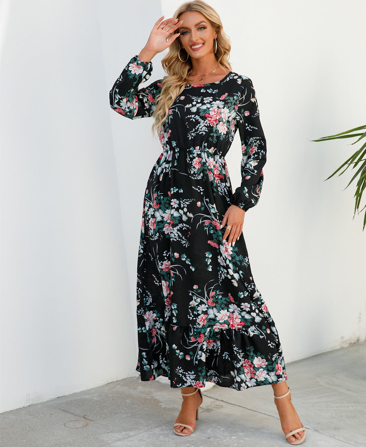 Elegant Round Neck Floral Dress