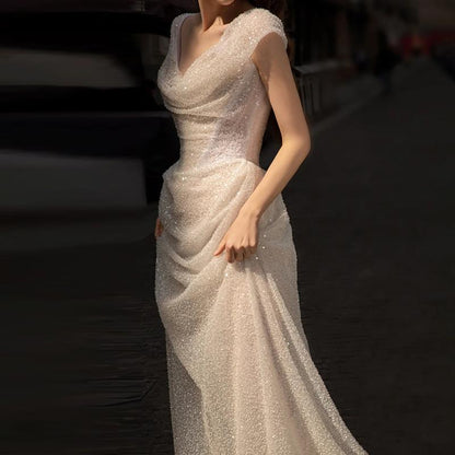 Hepburn Style Wedding Evening Dress with Veil and Train