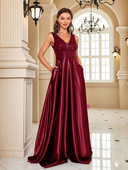 Robe Deep V dos nu à paillettes fendue et moulante en satin