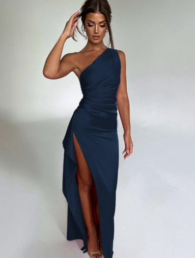 Elegant Off Shoulder Satin Dress with Slit