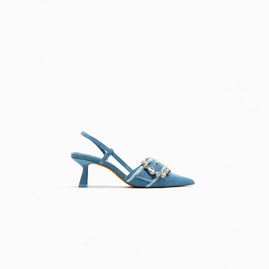 Reveloire® - Navy Blue Denim Sandals, Decorative Belt