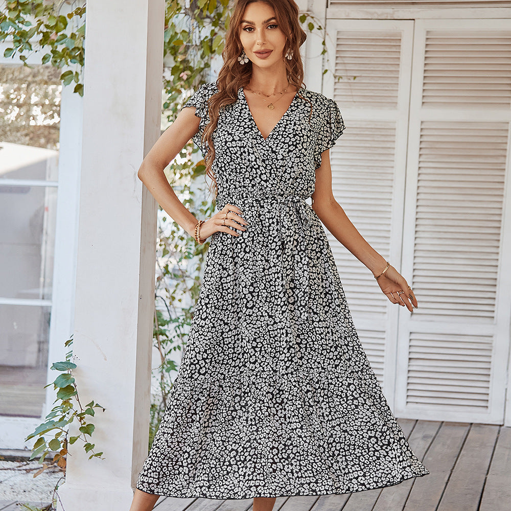 Printed maxi bohemian dress with crossed collar