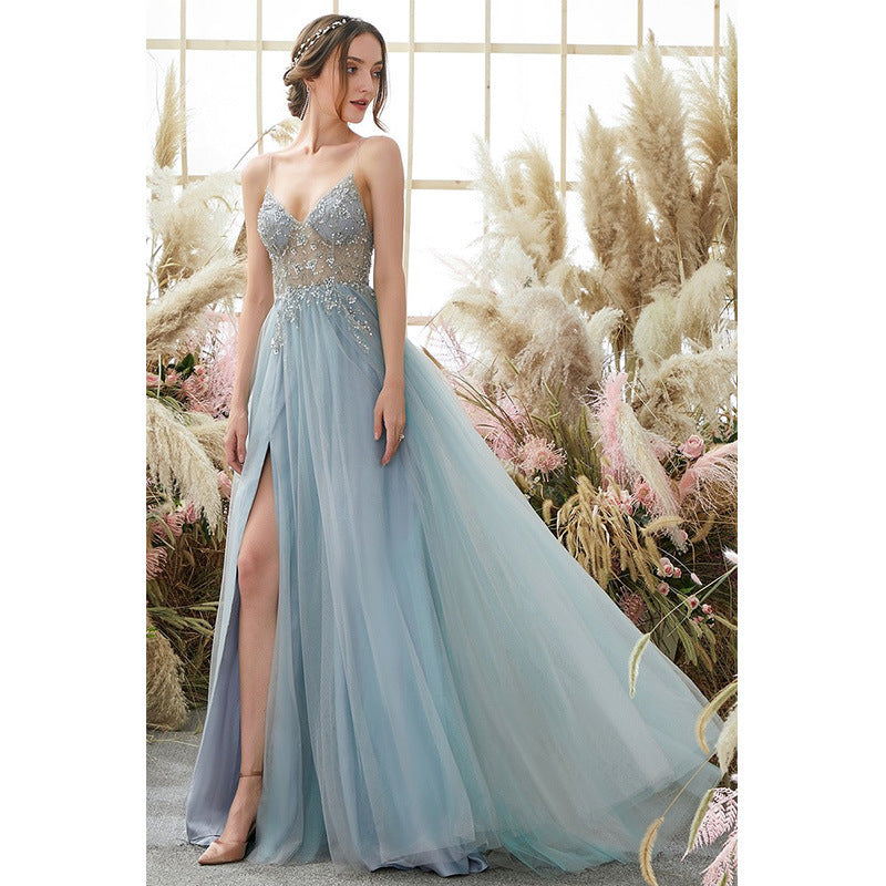 Sky blue tulle prom dress