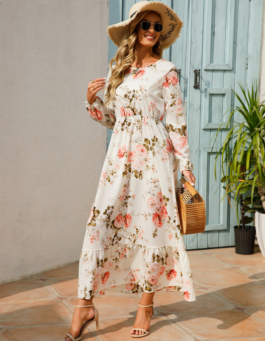 Elegant Round Neck Floral Dress