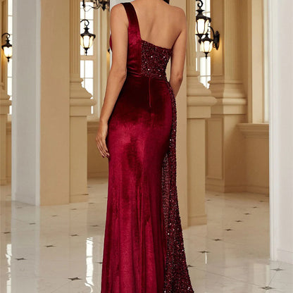 One-strap strapless evening dress